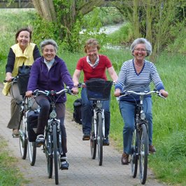 Vier Radfahrer auf einem schmalen Radweg