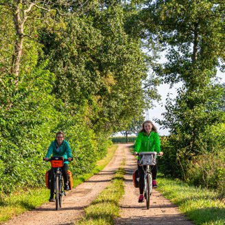 Zwei Radfahrerinnen sind auf dem Fahrrad unterwegs zwischen Wald und Feldern