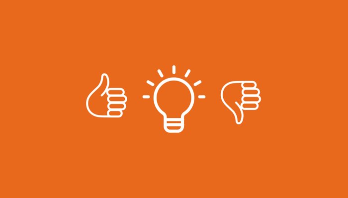 Weiße Icons auf orangefarbener Fläche, die Ideen sowie gute und schlechte Bewertungen symbolisieren
