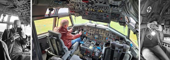 Achin Figgen sitzt im Cockpit der Transall, links und rechts sind im Composing Achim und Ingrid beim Fotografieren zu sehen