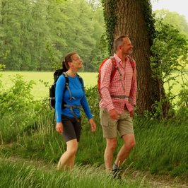 Ein wanderndes Paar ist in einer grünen Landschaft auf einer Allee unterwegs