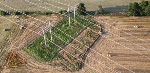 Ein Hochspannungsmast von oben mit Leitungen, die quer zu den abgeernteten Feldern verlaufen