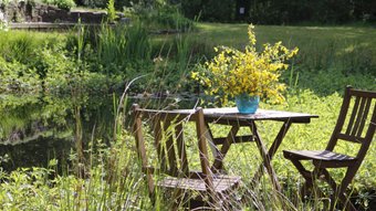 Sitzplatz mit Holztisch und Holzstühlen im grünen Garten vom Eichenhofprojekt, auf dem Tisch steht ein Strauß mit gelben Blumen