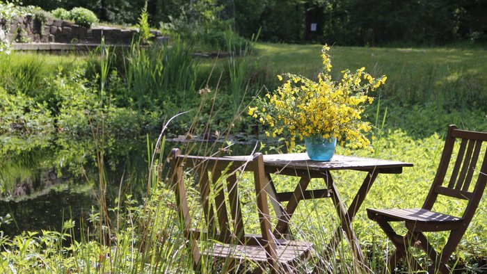 Sitzplatz mit Holztisch und Holzstühlen im grünen Garten vom Eichenhofprojekt, auf dem Tisch steht ein Strauß mit gelben Blumen