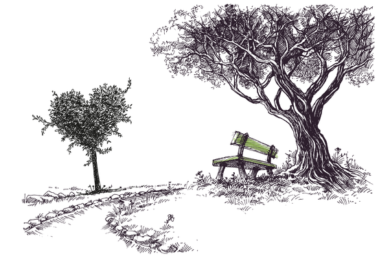 Zeichnung einer Bank unter einem Baum, gegenüber ein Busch in Herzform