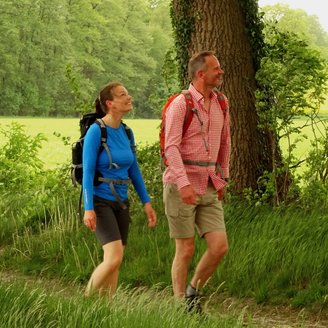 Ein wanderndes Paar ist in einer grünen Landschaft auf einer Allee unterwegs