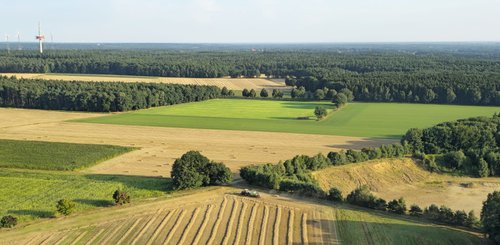 Gelbe und grüne Felder, auf dem Feld unten arbeitet jemand mit seinem Trecker