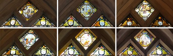 Ausschnitte der sechs Kirchenfenster mit der Oeser Passion als Komposition