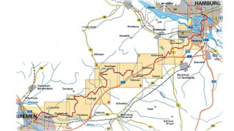 Kartendarstellung des Streckenverlaufs vom Radfernweg Hamburg-Bremen