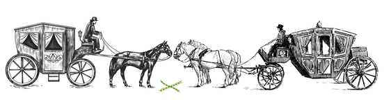 Zeichnung zweiter Kutschen, die sich an einem Kreuz treffen