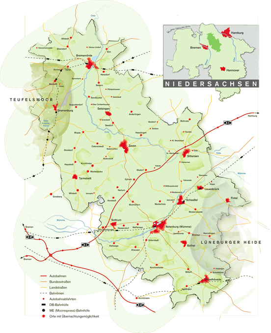 Karte des Landkreises Rotenburg (Wümme) mit den wichtigsten Ortschaften und der Verortung in Niedersachsen