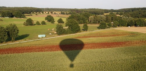Der Schatten des Ballons fällt auf eine Landschaft mit rot-grünen leicht-welligen Feldern