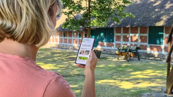 Eine Frau schaut im Wald auf ihr Mobiltelefon, um sich auf der Seite app.nordwaerts.de zu informieren
