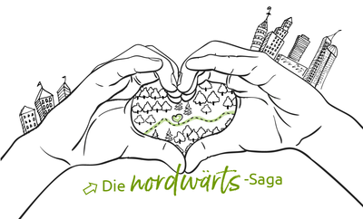 Zeichnung von zwei Händen, die ein Herz bilden, vor der Darstellung der Region mit dem Spruch "die nordwärts-Saga"