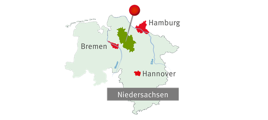 Gezeichnete Karte des Landkreises Rotenburg (Wümme) im Bundesland Niedersachsen zwischen den Städten Hamburg, Bremen und Hannover