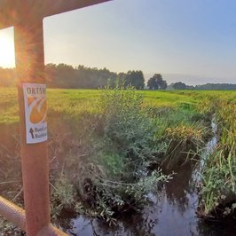 Brücke am Visselbach mit dem Schild vom ORTSWEG Buchholz bei Sonnenuntergang