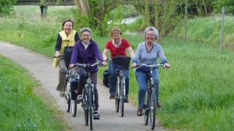 Vier Radfahrer auf einem schmalen Radweg