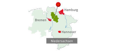 Gezeichnete Karte des Landkreises Rotenburg (Wümme) im Bundesland Niedersachsen zwischen den Städten Hamburg, Bremen und Hannover