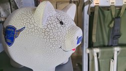 Ein weißes Sparschwein steht in der Transall für Spenden