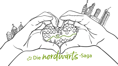 Zeichnung von zwei Händen, die ein Herz bilden, vor der Darstellung der Region mit dem Spruch "die nordwärts-Saga"