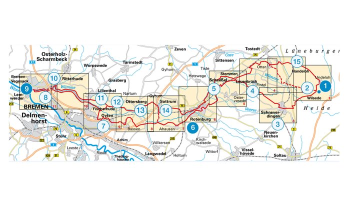Kartendarstellung mit dem Verlauf vom Wümme-Radweg