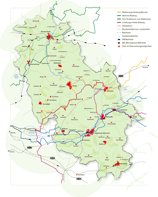 Kartendarstellung mit Radfernwegen