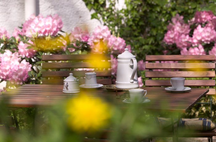 Kaffeegedeck mit Porzellan-Kaffeekanne zwischen gelben und rosafarbenen Blumen