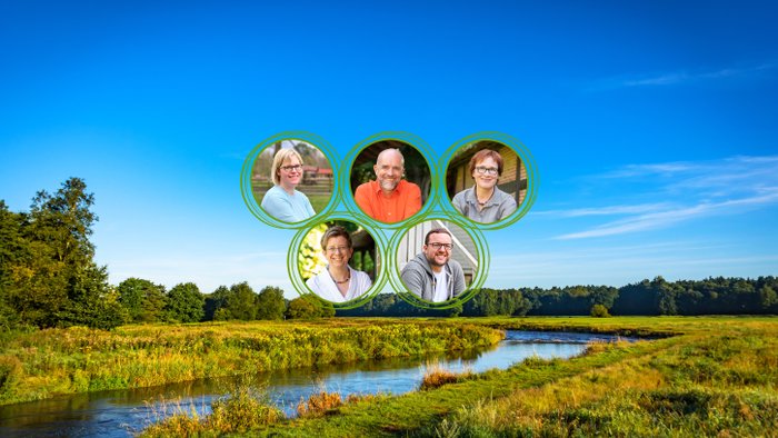 Das Team vom Touristikverband Landkreis Rotenburg (Wümme) dargestellt mit Portraits in Kreisen auf einer weiten Landschaft