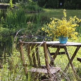 Sitzplatz mit Holztisch und Holzstühlen im grünen Garten vom Eichenhofprojekt, auf dem Tisch steht ein Strauß mit gelben Blumen