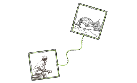 Zeichnung der schlafenden Frau und des in die Ferne schauenden Mannes