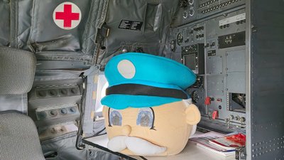 Der Kopf mit blauer Mütze vom Kostüm des Maskottchens des Festivals Ferdinands Feld im Cockpit