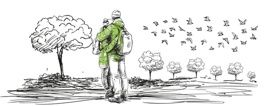 Zeichnung eines Paares, das sich in der Natur umarmt