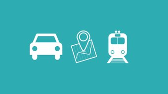 Weiße Icons auf petrolfarbenem Hintergrund von Auto, Karte und Bahn