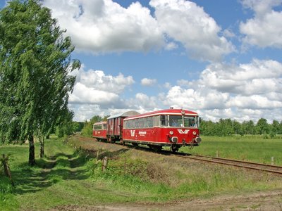 Der rote historischer Moorexpress ist unterwegs in grüner Natur