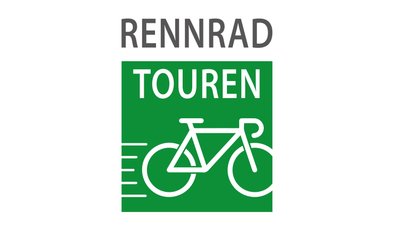 Das Logo Rennradtouren zeigt ein Rennradsymbol mit Streifen, die die Geschwindigkeit darstellen sollen, auf einem grünen Quadrat