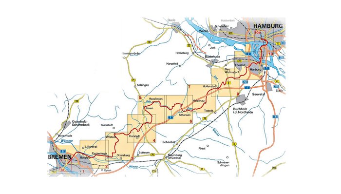 Kartendarstellung des Streckenverlaufs vom Radfernweg Hamburg-Bremen