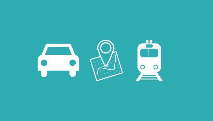 Weiße Icons auf petrolfarbenem Hintergrund von Auto, Karte und Bahn