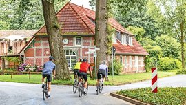 Vier Rennradfahrer legen sich in einem Dorf vor einem großen Fachwerkhaus in die Kurve