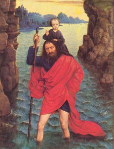 Auf einem alten Gemälde trägt Christophorus Jesus über den Fluss