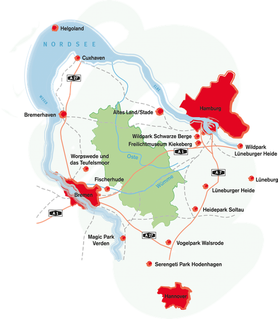 Karte mit Ausflugstipps zwischen Nordsee, Bremen, Hamburg und Hannover