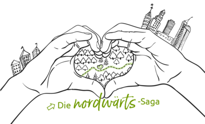 Zeichnung von zwei Händen, die ein Herz bilden, vor der Darstellung der Region mit dem Spruch "die nordwärts-Saga"